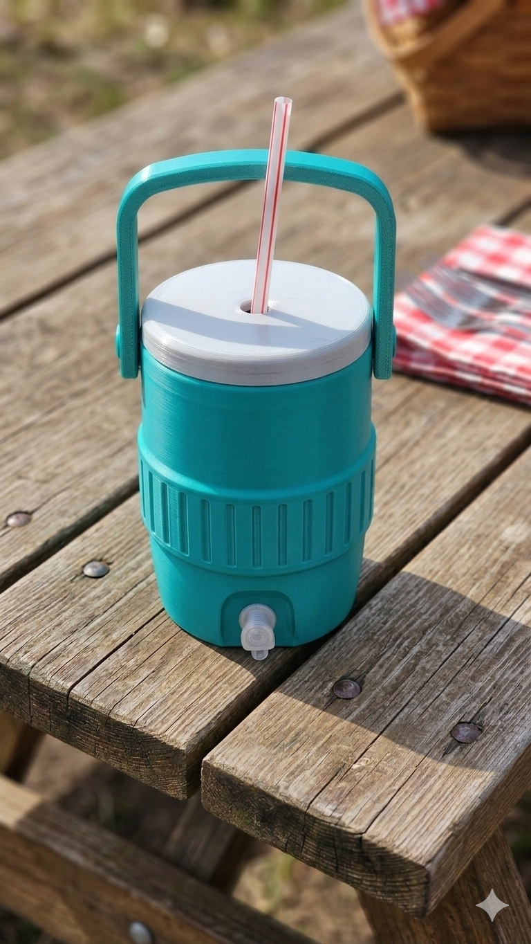 Turquoise cooler with handle and straw on a wooden surface