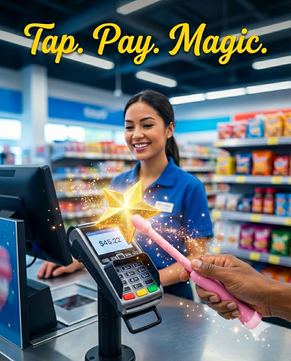 Person using a pink wand  to make a payment at a grocery store with 'Tap. Pay. Magic.' text above.